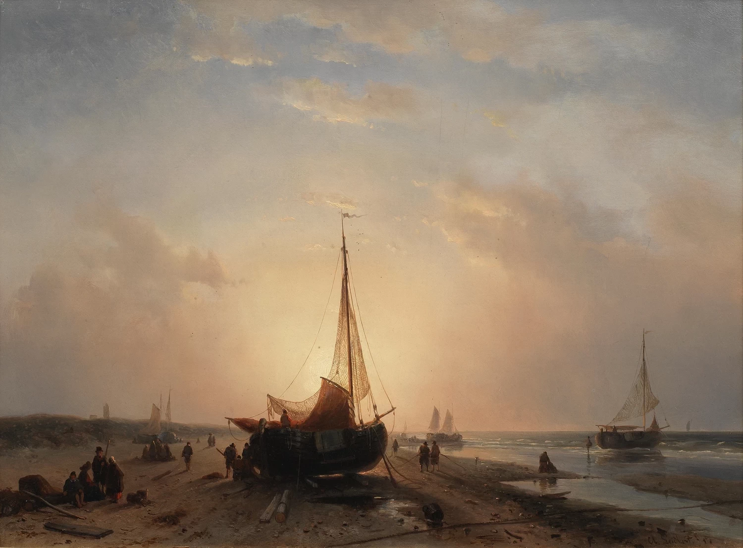 Charles Leickert - Pescatori che si prendono cura delle loro barche, tramonto
